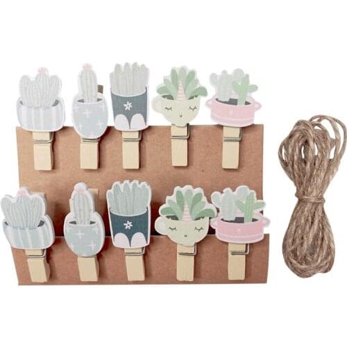 10pcs/bag Cartoon cactus wood clip with twine photo Snacks seal Room decoration display photos Memo Paper DIY