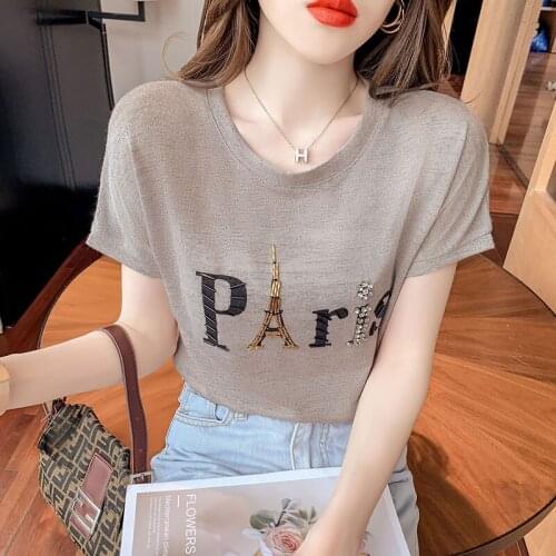 2021 summer O Neck knitting Ice silk short Sleeve t shirt Women Sexy Tops Casual Loose Korean Style Clothes Female t shirt
