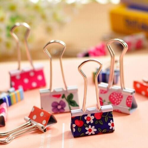6pcs Small Size 38/47mm Printed Metal Binder Clips Clamp Office School Binding Supplies Color Random Paper Clip