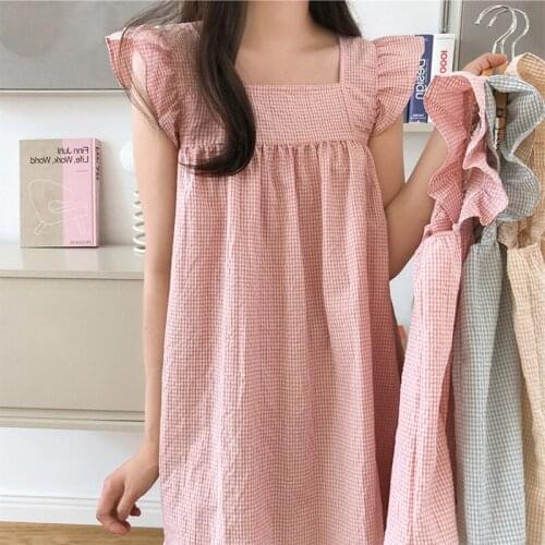 Cotton lotus edge sweet sling skirt Korean summer Plaid nightdress women lovely home dress lady nightgown Female sleepwear