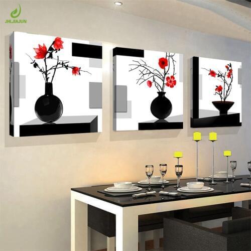 JHLJIAJUN 3Pcs Modular Canvas Painting Wall Art Decor Print Red Flowers Black Modern Bedroom Wall Paintings Modular Picture