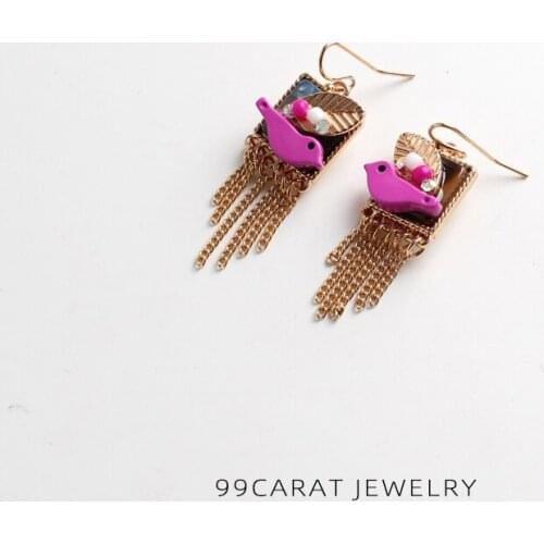 Nine nine carat quality Tassel Earrings female forest birds leaves acetic acid plate Earrings personalized versatile fashionable
