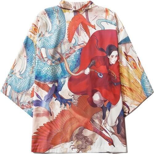Women Men Traditional Yukata Asian Clothing Haori Obi Cosplay Kimono Japanese Dragon and Phoenix Print Anime Cardigan Shirt