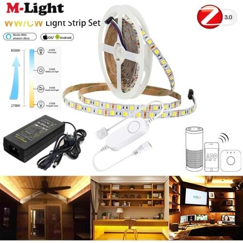 Zigbee CCT Controller + 12V 5050 3500-6500k CW/WW Color temperature CCT LED Strip Light Kit For zigbee 3.0 Hue-b Alexa Echo plus