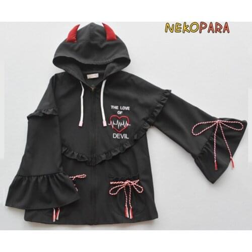 The Love of Devil Cool Womens Black Jacket Punk Ruffles Trim Hooded Coat Outweart 2018 Autumn