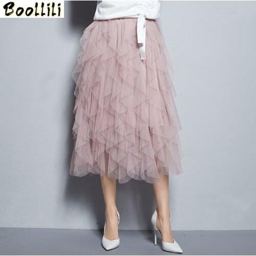 Boollili Summer 2020 Womens Skirt Korean Tulle Mesh Midi Skirt Irregular Women Skirts Black Elegant Clothes Long Falda Mujer