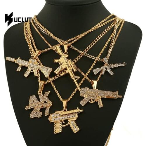 Fashion AK47 Revolver Uzi Gun Pendant Necklaces Women Men Hip Hop Jewelry Steampunk Bling Rhinestone Gold Chain Necklace