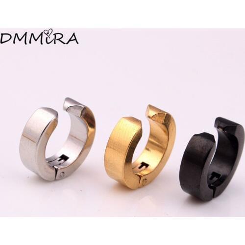 Fashion Punk Men Small Hoop Earrings Color Gold Black Titanium Steel Fake Non-piercing Hoop Huggie Cuff Earrings Jewelry