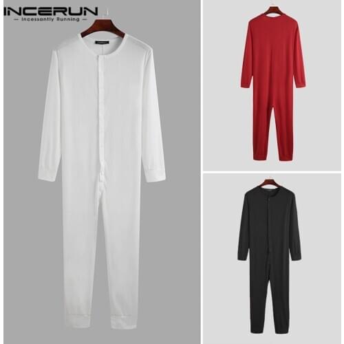 Leisure Mens Summer Pajamas Jumpsuit Solid Nightwear Long Sleeve Button Sleepwear O Neck Fitness Homewear Rompers INCERUN S-5XL