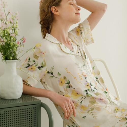Viscose Multiflora Rose Print Short Sleeve Womens Pajama Sets Casual Long Pants Sleepwear Soft Comfortable Nightwear