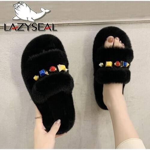 LazySeal Winter Gemstone Slippers Women Shoes Warm Faux Fur Fashion Flip Flops Indoor Flat Heel Casual Plush Womens Furry Shoes