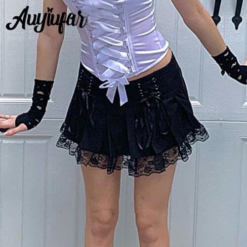 Auyiufar Lace Trim Grunge Fairycore Pleated Micro Skirt Lace Up Aesthetic Gothic Low Rise Y2k Skirts Sexy Women Black Clothing
