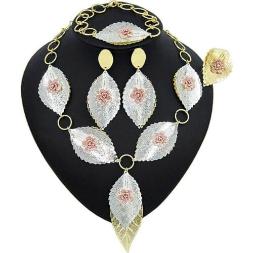 Yulaili Vintage Dubai Gold Jewelry Sets For Women Leaf Shape Pendant Necklace Earrings Bracelet Ring Wedding Party Accessories