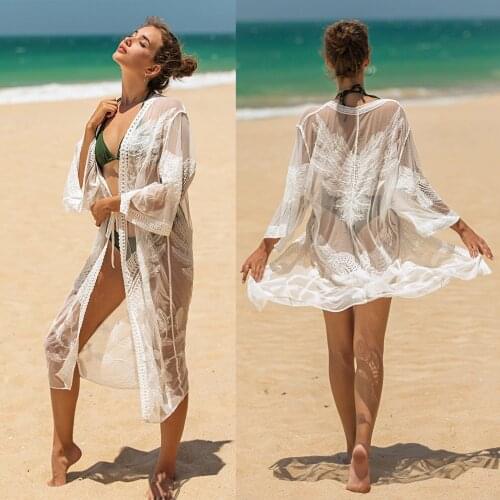 Women Embroidered Cover-Ups Adults Sexy See-Through Belted Three-Quarter Sleeve V-Neck Lace Cardigan Casual And Refreshing