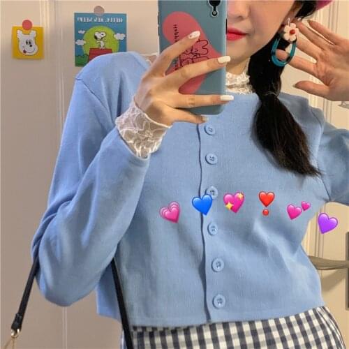 Spring Autumn Sweet Solid Knitted Cardigan Womens Fashion Long Sleeve Korean Single Breasted Crop Tops Causal Loose Streetwear