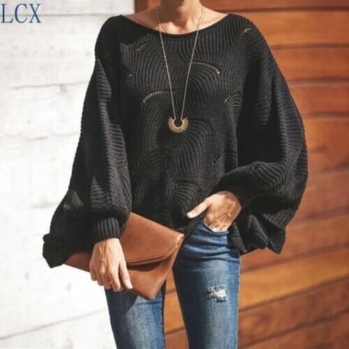 2019 autumn/winter sweater womens hollow hook flower loose knit sweater bat shirt women sweater