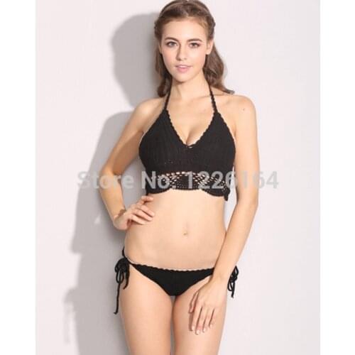 100% Cotton Women Handmade Crochet Swimwear Bikini Set Crocheted Bondage Swimsuit (Halter Top + Bondage Botton)