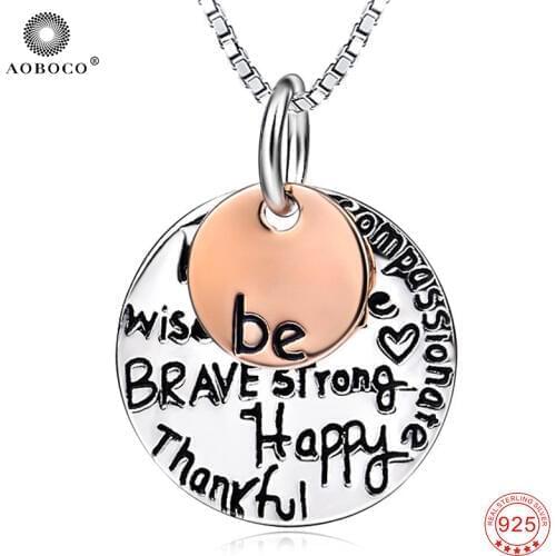 AOBOCO Round 100% 925 Sterling Silver Women Pendants Necklaces Fashion Blessing Message Engraved Fine Jewelry of Silver GNX0289