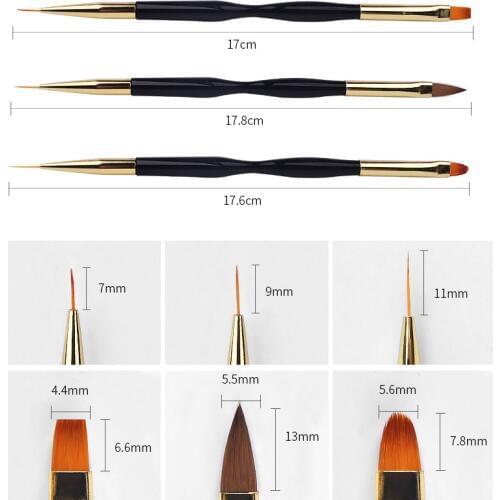 3Pcs/Set Acrylic UV Gel Nail Brush Dual End Nail Extension Builder Powder Brush Thin Lines Stripe Liner Drawing Bronze Black Pen