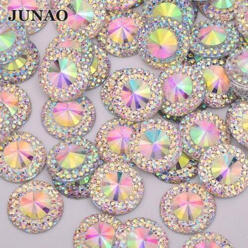 JUNAO 12 14 20 30 mm Glitter AB Rivoli Rhinestones Flat Back Gems Resin Strass Crystal Applique Round Stones for Crafts Supplies