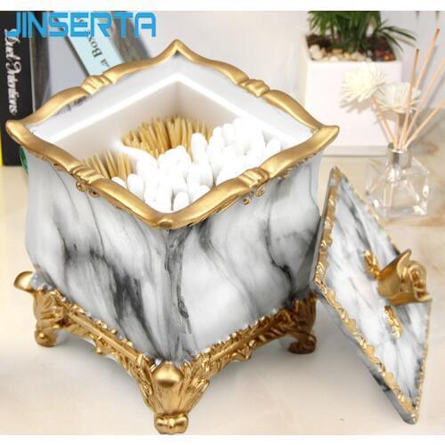 JINSERTA Marbled Resin Storage Box Cotton Swab Organizer Toothpick Holder Luxury Living Room Bathroom Cotton Pad Box with Lid