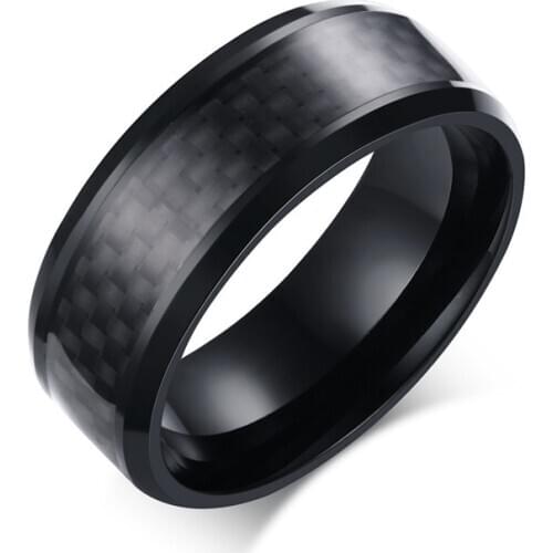 Fashion Black Carbon Fiber Punk Ring for Men Stainless Steel Ring Wedding Mens Jewelry 8mm
