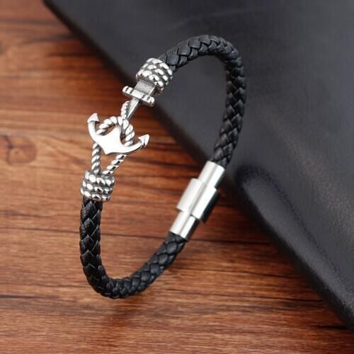 LAMEMDEE Fashion Men Jewelry Black Leather Bracelet Stainless Steel Magnetic Simple Buckle Weave Pattern Bangles