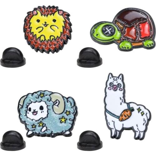 New cartoon little sheep, alpaca, lion, tortoise metal brooch cute animal badge decoration kids dress collar pin
