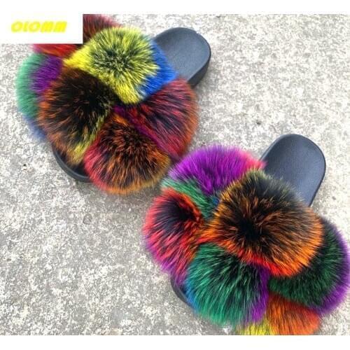 Wholesale Women Real Fox Fur Slides Home fluffy Flat Sandals Female Cute Fluffy House Shoes Woman raccoon fur slides