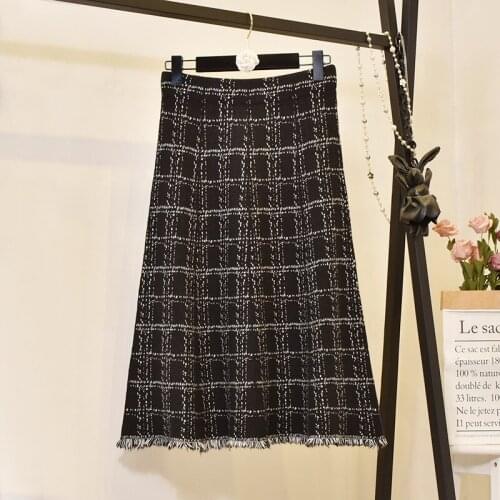 Autumn Winter Womens Skirts Korean Style Plaid Fringe Knitted Skirt New High Waist Slim A-line Female Skirt LL964