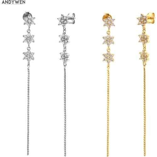 ANDYWEN 925 Sterling Silver Three Flower Long Chain Drop Earring Line Crystal Long Line Rock Punk Jewelry For Women Party