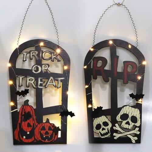 LED Lamp Halloween Hanging Door Tombstone Pumpkin Skull Welcome Sign Mural Craft Home Window Wall Lights Decoration