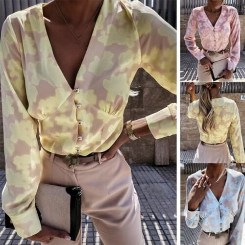 2021 Fashion Floral Printed Shirt Sexy V-Neck Buttons Down Long Sleeve Spring Autumn Fitting Slim Office Ladies Wild Shirt