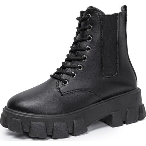 2021 Spring Autumn New Classics Martin Boots for Lady Round Toe Middle Heel Lace-up Shallow Casual Shoes with Platform Anti-Odor