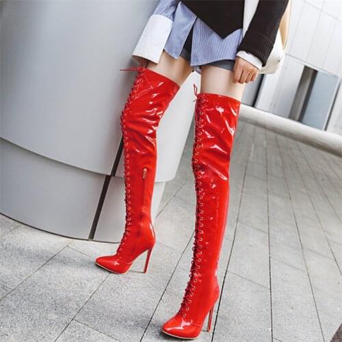 2021 Over Knee Boots Pointed Toe Boots High Thin Heels Stretch Women Lace Up Boots Patent Leather Boots Женские сапоги