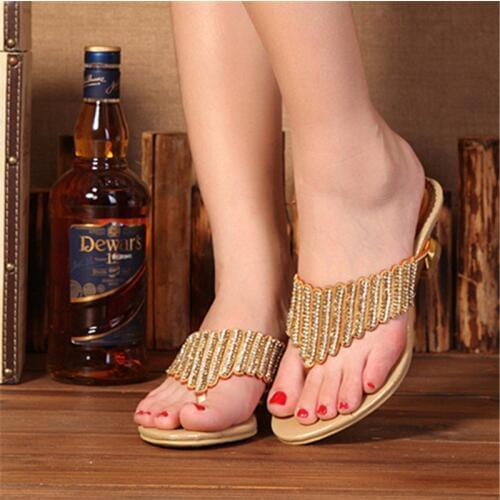 G-SPARROW 2018 Summer Style New Rhinestone Flip Flops Womens Luxury Brand Shoes Online Sale Slipper High Heels Gold Slippers