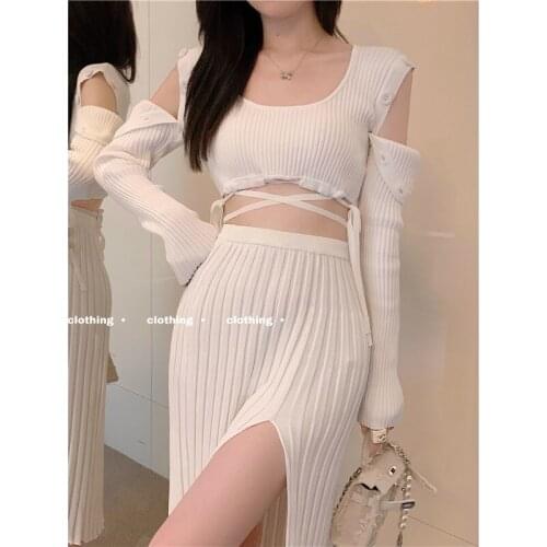 Knit Sweater +skirt 2 Pieces Sets Women Autumn Short Sexy Slim Detachable Sleeves Tie U-neck White Long-sleeved Pullover Top