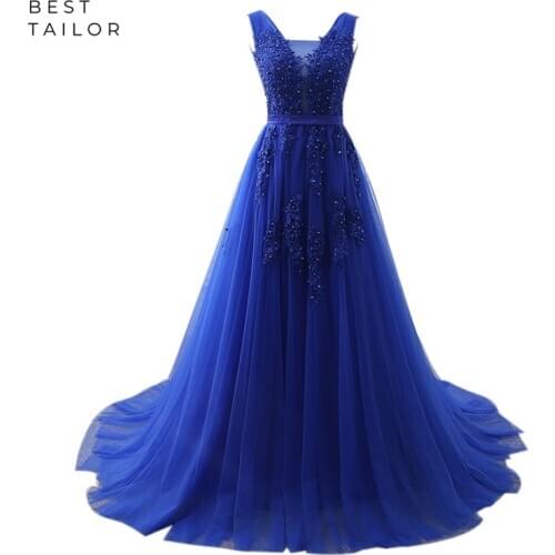 Evening Dresses Tulle Royal Blue Sheer Neck A-Line Women Long Formal Long Party Gowns vestidos de fiesta de noche robe de soiree