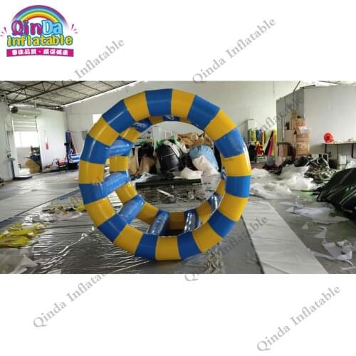 1.5mx2m yellor and blue inflatable water roller,0.9mm pvc inflatable water floating wheel with air pump