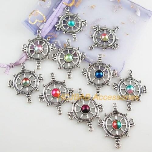 10 New Anchor Charms Tibetan Silver Tone Retro Mixed Colored Acrylic Connectors 27.5x33.5mm