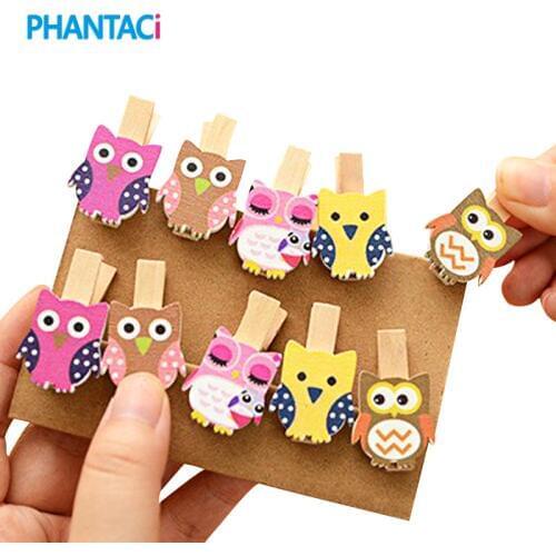 10 pcs/lot Cute Cartoon Owl Wooden Clips Kawaii Novelty Photo Paper Craft DIY Clip with Helmp Rope FOD