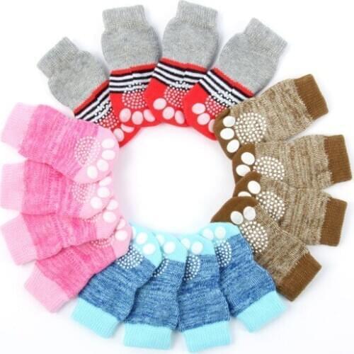 4pcs/set Pet Small Dog Cat Warm Soft Socks Anti-slip Cozy Cotton Knit Socks Shoes Socks Pet Supplies