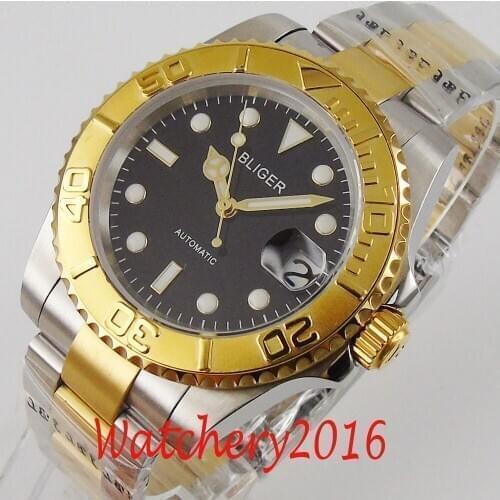 40mm Bliger Sapphire glass Black dial ceramic bezel Yellow Gold plated Luminous Marks NH35 Automatic movement Mens Watch