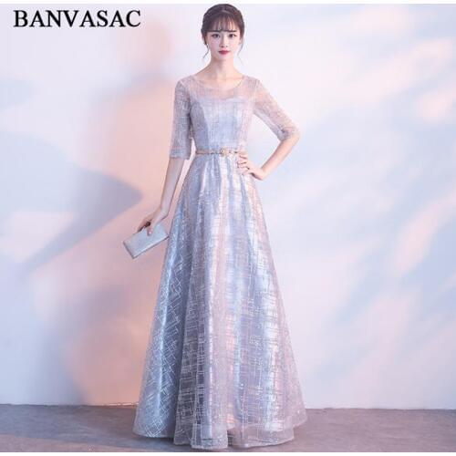BANVASAC Sequined O Neck Crystal Sash 2018 A Line Long Evening Dresses Lace Half Sleeve Backless Party Prom Gowns