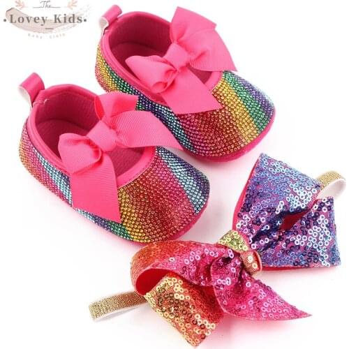 2021 Baby Girl First Walkers Toddler Shoes Colorful Sequined Patchwork Princess Flats Shoes Bling Two Piece Set Headband Shoes