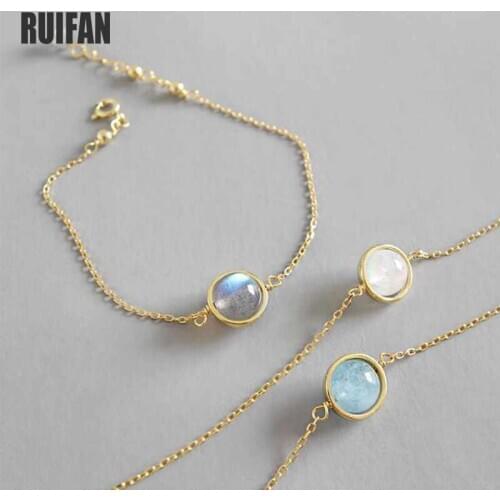 Natural White/Gray Moonstone Aquamarine Bracelets Gold Chain Link 925 Sterling Silver Bracelet for Women Girls Jewelry YBR040