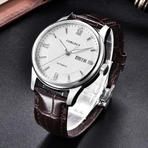 Week Calendar Display Fashion Watch Men Stainless Steel Sapphire Crystal Leather Mens Automatic Mechanical Watches Waterproof