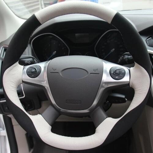White Genuine Leather Black Suede Steering Wheel Cover for Ford Focus 3 2012-2014 KUGA Escape 2013-2016
