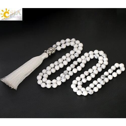 CSJA Tassel Necklace White Howlite Long Knotted Tribal Handmade Necklaces for Women Buddha Prayer 6mm Mala 108 Bead Jewelry F307