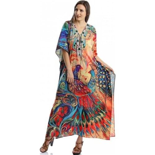 Lace Up Long Kaftans Women Full Length Maxi Dress Peacock Creative Print Gorgerous Caftan Loungewear Casual Beach CoverUp Resort